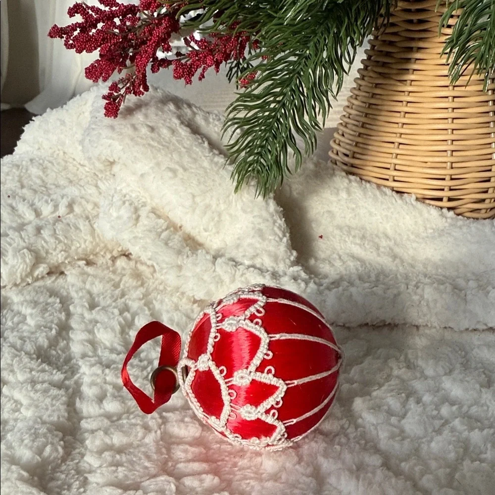 Vintage Red Satin Christmas Ornament with White Crochet Lace Overlay